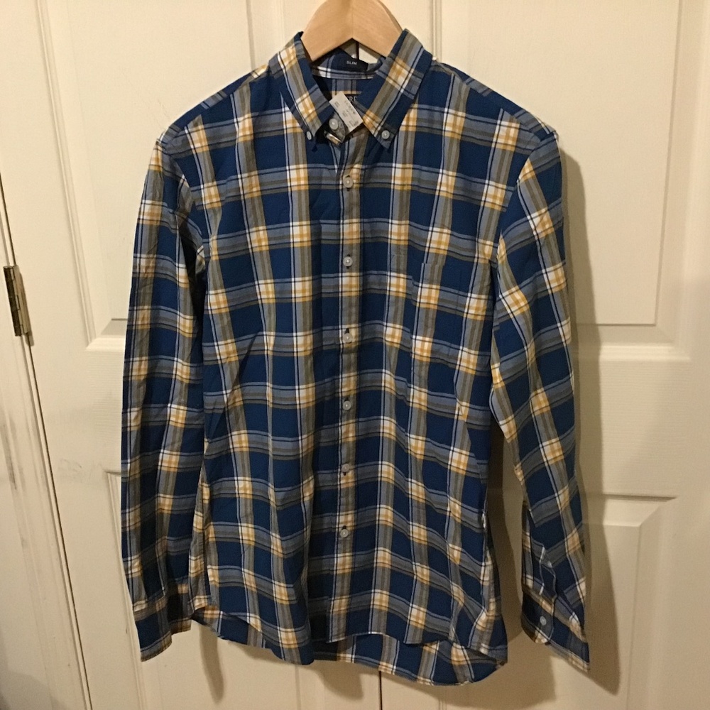 NWT J. Crew Men's plaid flannel shirt Slim Fit Button Down blue multi Size L